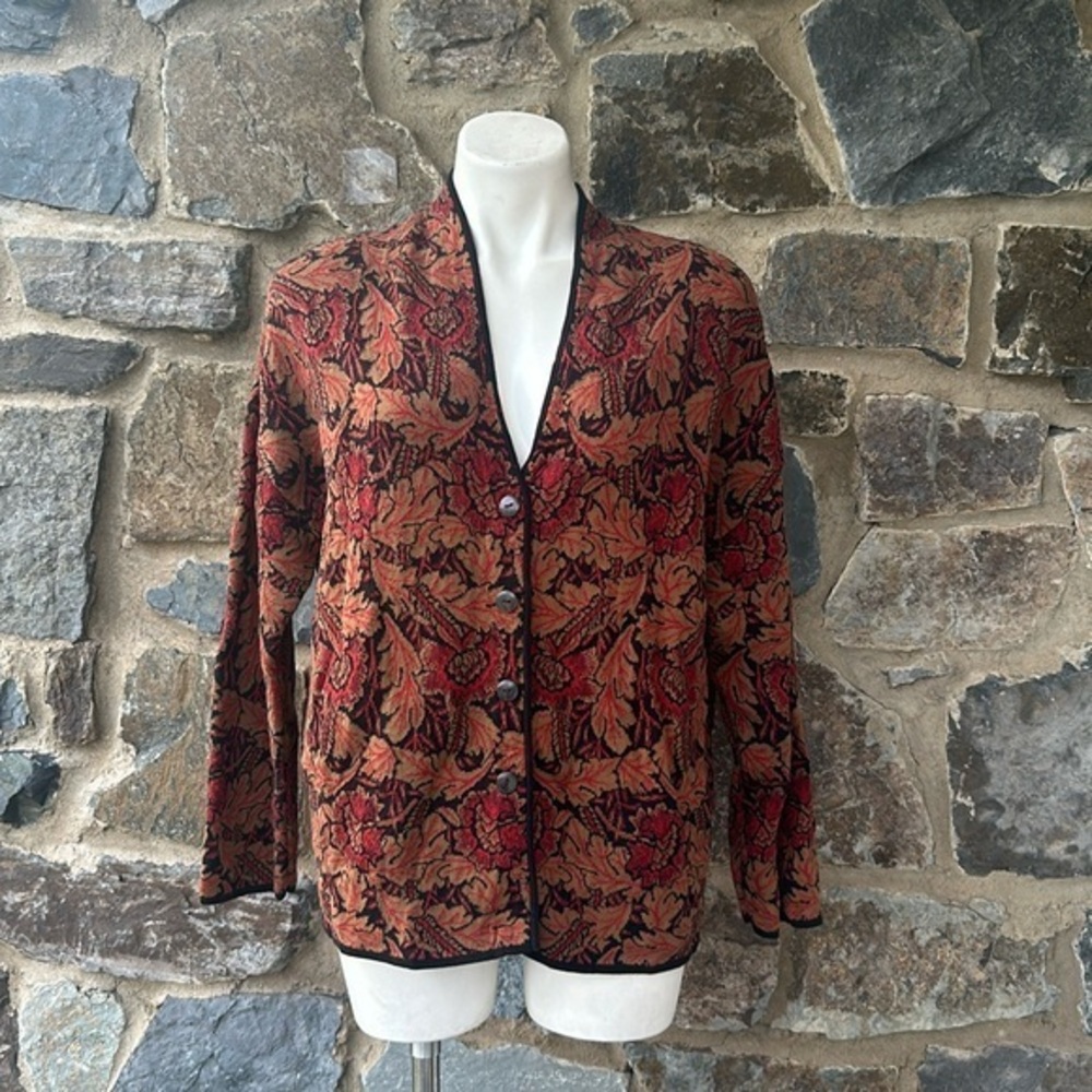 Peruvian Connection Vintage Knit Leaf Print Cardigan Sweater in Orange Size L